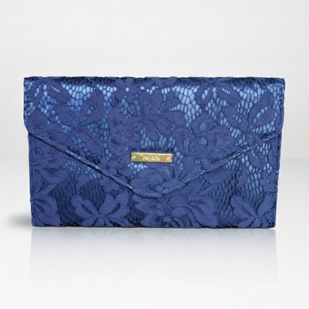 Iman 9x6" Clutch Bag Envelope Navy Blue Satin Lace Floral Evening Party Bridal